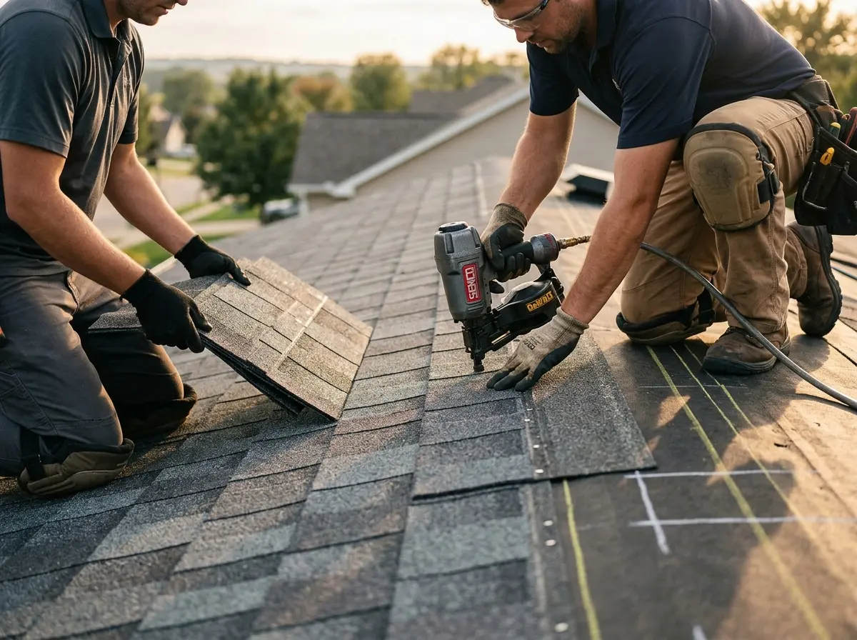 Professional roofer working on a residential roof in Ashwaubenon